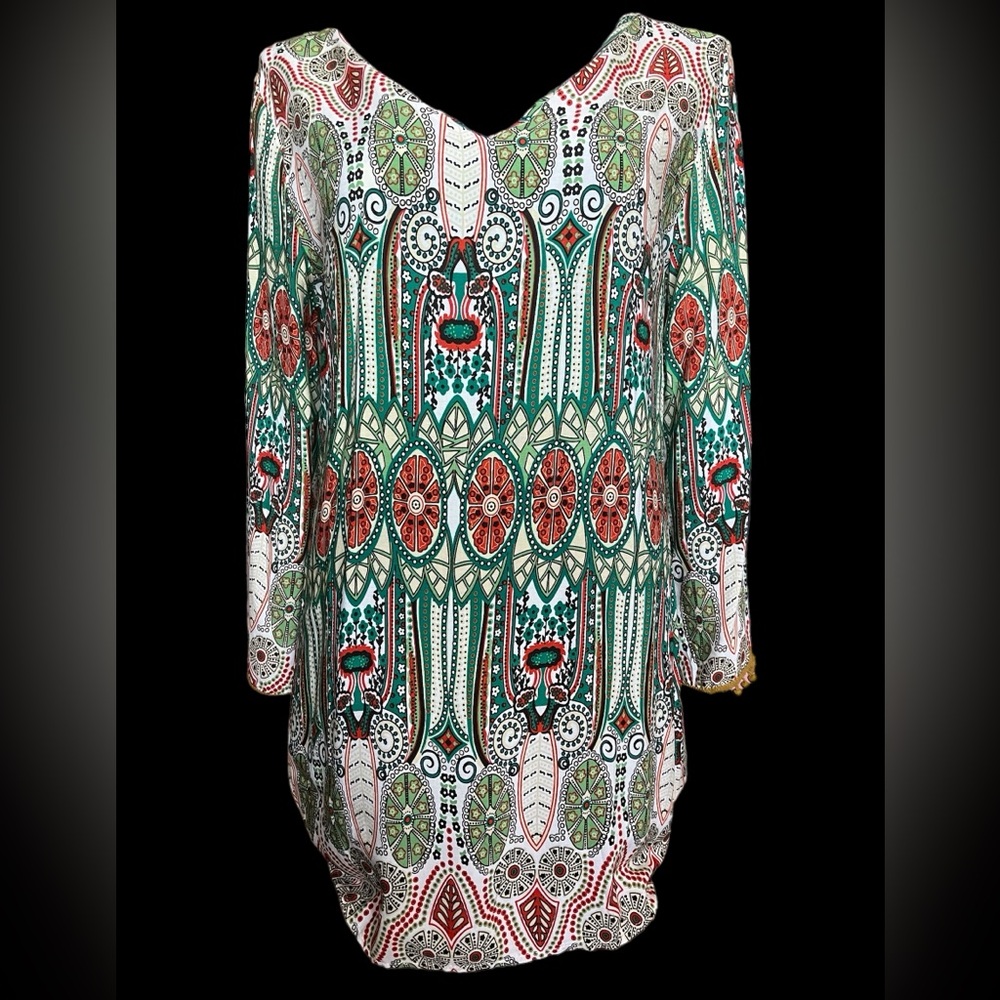 Handmade silky soft tunic. Mustard gold bobble details at neckline and cuff.